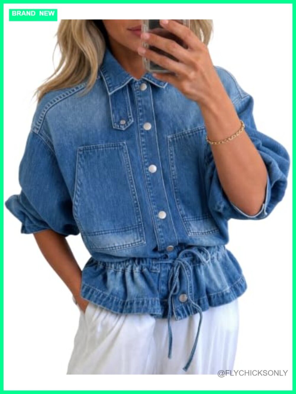 Women's Drawstring Denim Jacket Button Down Collared Shacket Relaxed Fit